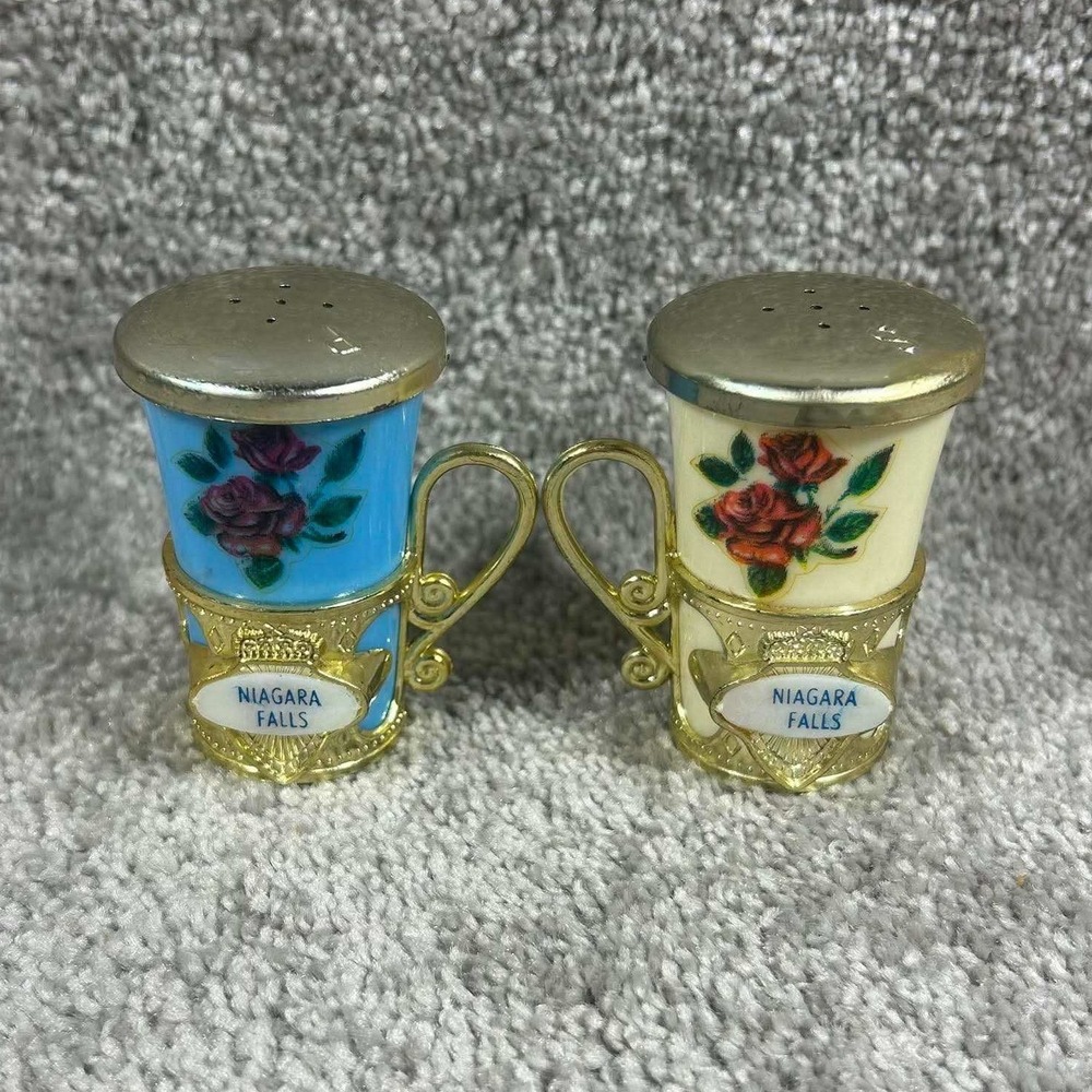 Vintage Niagara Falls Salt and Pepper Shakers Blue Cream Gold Floral Souvenir